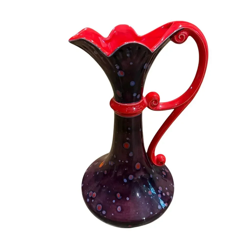 VTG 1972 Signed Studio Art Pottery Vase Ewer Pitcher Red Purple Speckled Glaze